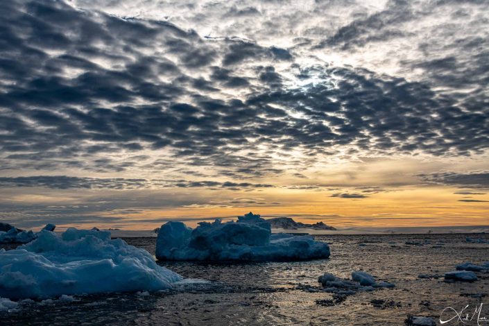 Best scenic photo of icebergs in antarctic sound, with cotton ball shaped clouds, shades of orange and various shades of blue