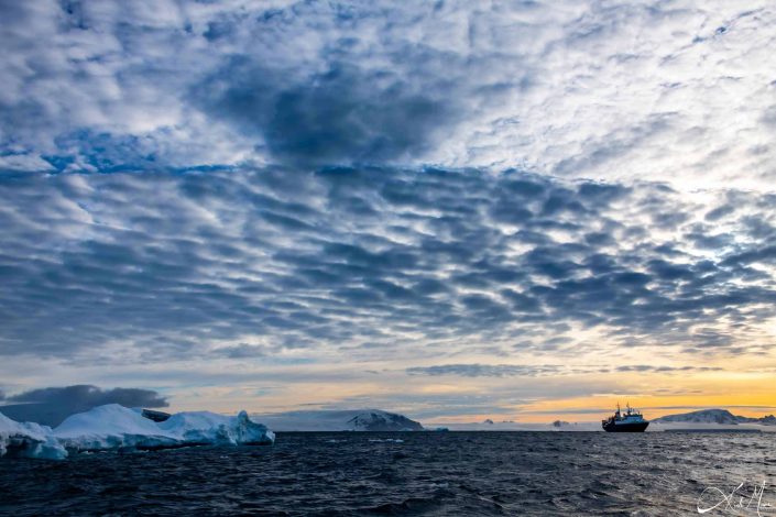 Best scenic photo of icebergs in antarctic sound, with cotton ball shaped clouds, shades of orange and various shades of blue, along with a ship