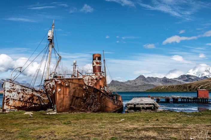 Old whaling ships which are now rusty and abandoned at Grytviken