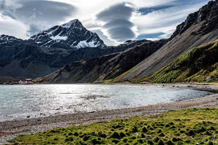 Scenic photo of a beach in South Georgia with snow capped mountains in the background and blue silvery waters