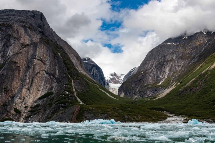 Green-grey mountains along with green water with bergy bits in the front