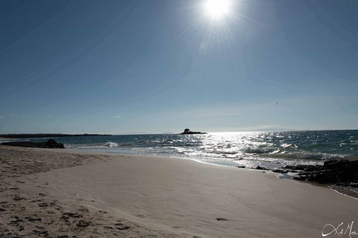 Beautiful golden beach with blue waters and sun shining from top