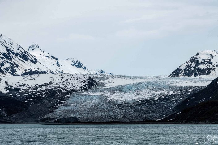 Snow covered mountain along with a glacier meeting the silvery-grey waters