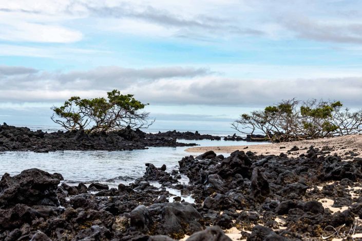 Beautiful rocky beach with some golden sand with light blue waters and sky